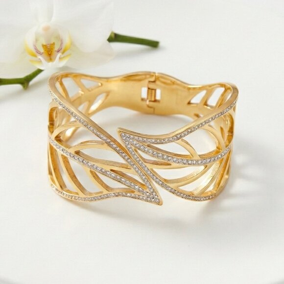 Gold Leaf Cuff Hinged Bracelet | 18K Gold Plated Stainless Steel | Sparkling - Picture 1 of 10